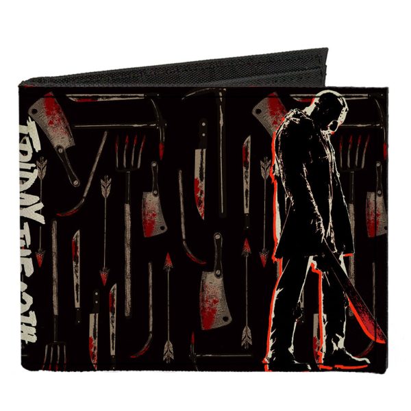 Canvas Bi-Fold Wallet - FRIDAY THE 13TH Jason Machete Pose Bloody Tools Black Grays Reds Online