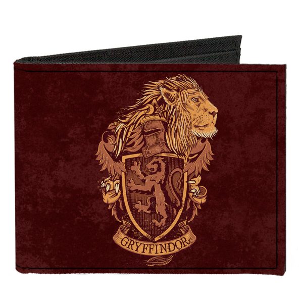 Canvas Bi-Fold Wallet - GRYFFINDOR Lion Crest + DETERMINATION BRAVERY COURAGE Banner Burgundy Reds Golds Online Sale