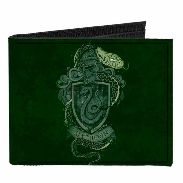 Canvas Bi-Fold Wallet - SLYTHERIN Serpent Crest + AMBITION PRIDE CUNNING Banner Greens Golds For Cheap