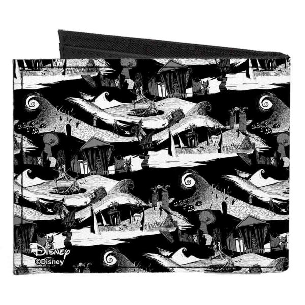 Canvas Bi-Fold Wallet - Jack Expression13 CLOSE-UP Halloween Town Scenes Black White Grays For Discount - Image 2